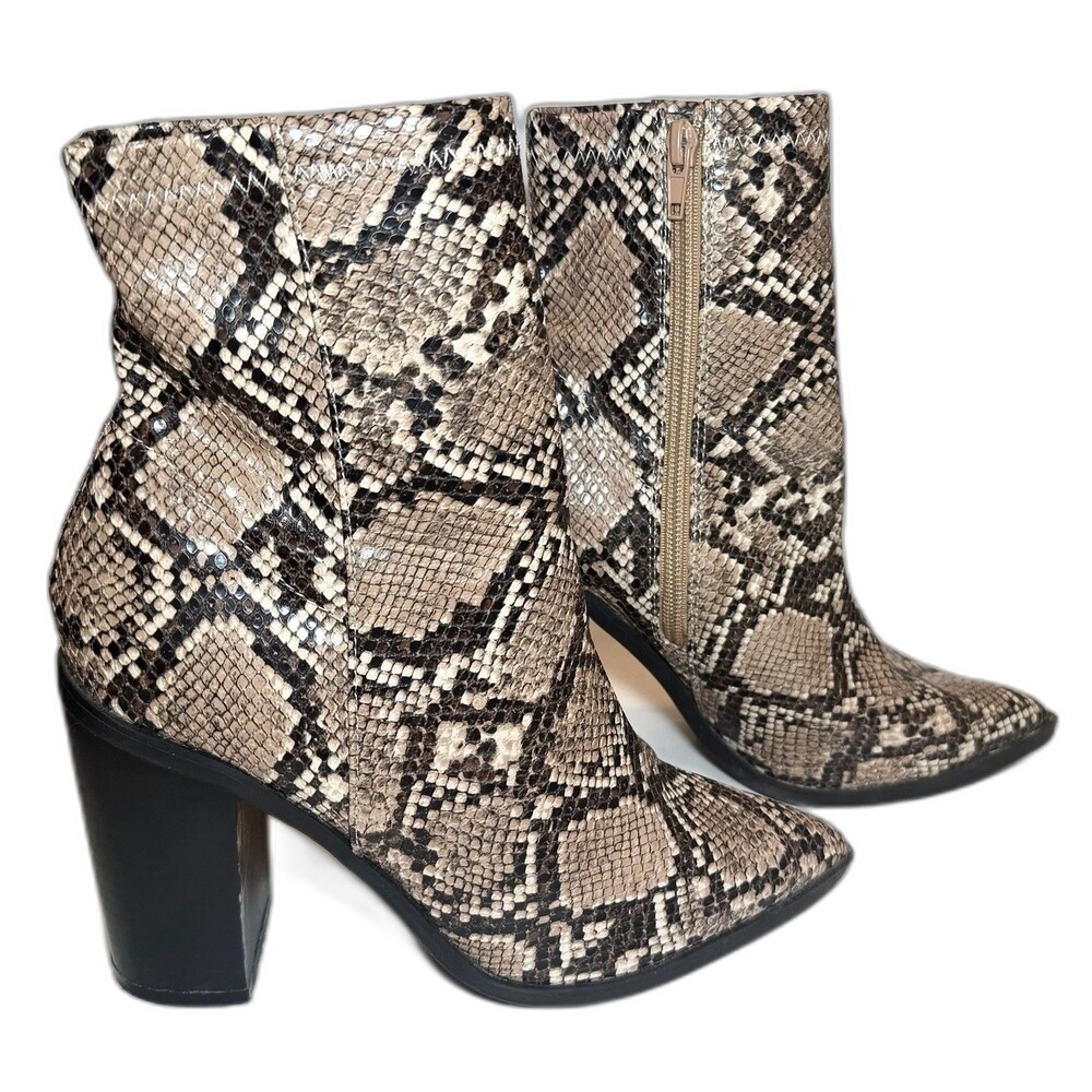 Lulus Essex Tan Snake Print Mid Calf Booties Pointed Toe Block Heel Size 6.5
